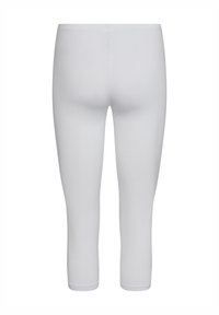 Hvide leggings lavet af strækbart materiale, med en tætsiddende design, midt på kalvene og en elastisk talje uden yderligere detaljer.