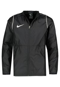 Schwarze Nike-Jacke mit vollem Frontreißverschluss, hohem Kragen und weißen Akzenten an den Schultern, aus einem glatten, leichten Material gefertigt.