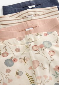 Vier Paar Leggings: dunkelblau, gestreift beige, einfarbig pink und cremefarben mit Blumenmuster. Weicher Baumwollstoff mit elastischem Bund.