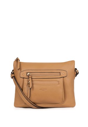 Bruine leren crossbodytas met twee ritsvakken aan de voorkant, verstelbare schouderriem en zichtbare stikseldetails.