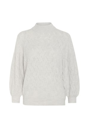 Pull en maille gris clair avec un col montant, motif en vagues complexe et manches ballons. Texture douce avec des poignets et un ourlet côtelés.