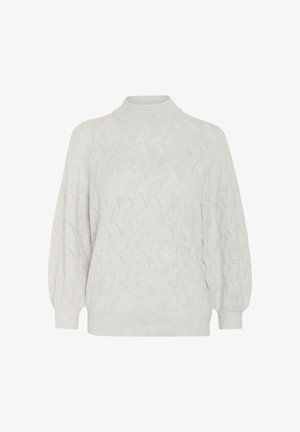 Pull en maille gris clair avec un col montant, motif en vagues complexe et manches ballons. Texture douce avec des poignets et un ourlet côtelés.