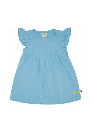 Lichtblauwe katoenen jurk met korte gerimpelde mouwen, een verzamelde taille en een subtiel patroon van kleine gele vogels.