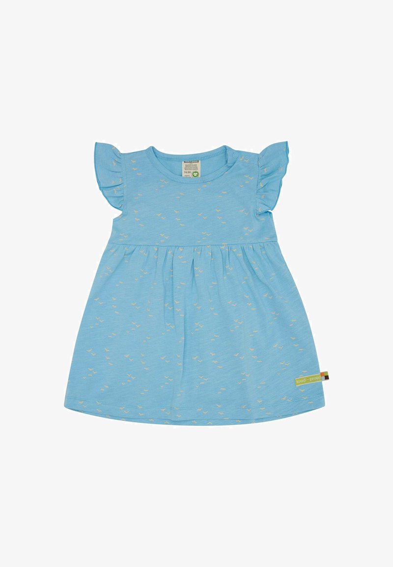 Hellblaues Baumwollkleid mit kurzen Rüschensäumen, einer gerafften Taille und einem dezenten Muster kleiner gelber Vögel.