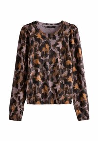 Pullover con stampa leopardata in tonalità di marrone e nero su uno sfondo viola. Maniche e orlo a coste, scollo a girocollo, texture del tessuto morbida.