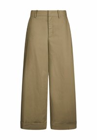 Pantaloni beige a gamba larga con una texture liscia, dotati di tasche piatte, passanti per cintura e orli arrotolati. 
