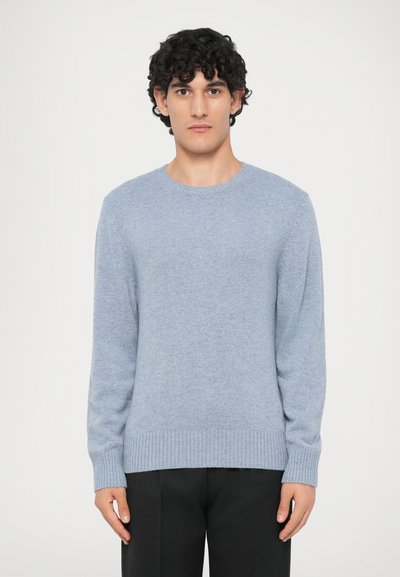 Jeune homme aux cheveux noirs bouclés portant un pull en tricot bleu clair et un pantalon noir, se tenant contre un fond clair et uni.