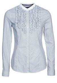 Chemise rayée bleue et blanche avec un col blanc, présentant un détail froncé à l'avant, des manches longues et des fermetures à boutons. En coton.