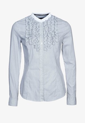 Modrá a bílá pruhovaná košile s bílým límcem, s volánkovým detailem vpředu, dlouhými rukávy a knoflíkovým zapínáním. Bavlněný materiál.