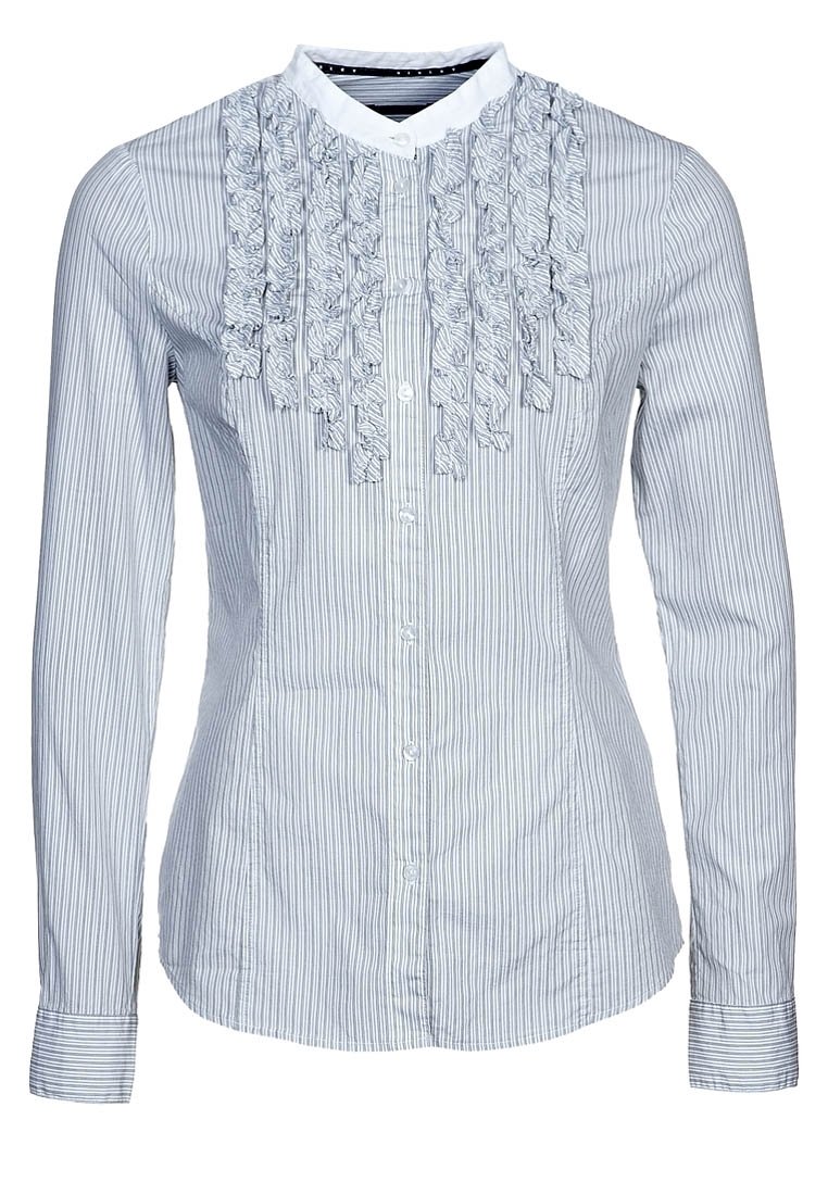 Chemise rayée bleue et blanche avec un col blanc, présentant un détail froncé à l'avant, des manches longues et des fermetures à boutons. En coton.