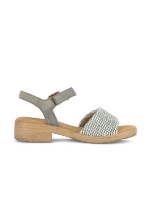 Dames sandaal met lage blokhak, gevlochten voorband en verstelbare grijze enkelband met gesp, lichtbruine zool.