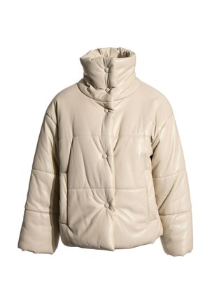 Veste matelassée beige avec col haut et fermeture à boutons-pression, conçue pour l’hiver.