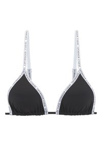 Fekete háromszög bikini felső fehér logós pántokkal, az alján egy ráncolt dizájnnal és állítható pántokkal a megfelelő illeszkedés érdekében.