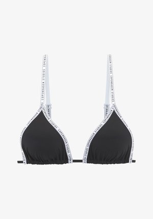 Černý trojúhelníkový bikiny top s bílými logovými popruhy, s nařaseným designem podél dolního okraje a nastavitelnými popruhy pro lepší přizpůsobení.