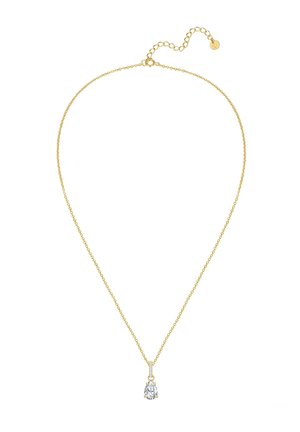 Zarte Goldkette mit verstellbarem Verschluss und einzelnen tropfenförmigen klarem Edelstein-Anhänger.