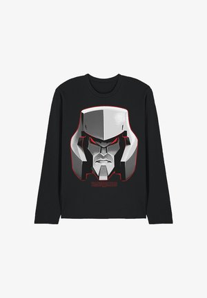 Schwarzes Langarmshirt mit einer großen grauen Illustration eines robotischen Gesichts mit roten Augen und dem Schriftzug "Transformers" unter dem Design.