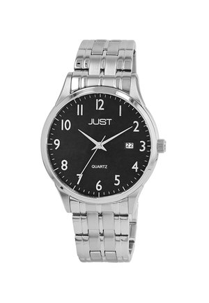 Silver stainless steel watch with a black dial, white hour markers, quartz movement, and a date function at three o'clock.