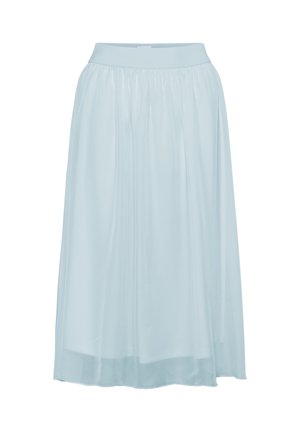 Light blue midi skirt made of soft, flowing fabric. Features a fitted waistband and a pleated, airy design. Smooth texture, knee-length hem.