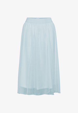 Light blue midi skirt made of soft, flowing fabric. Features a fitted waistband and a pleated, airy design. Smooth texture, knee-length hem.