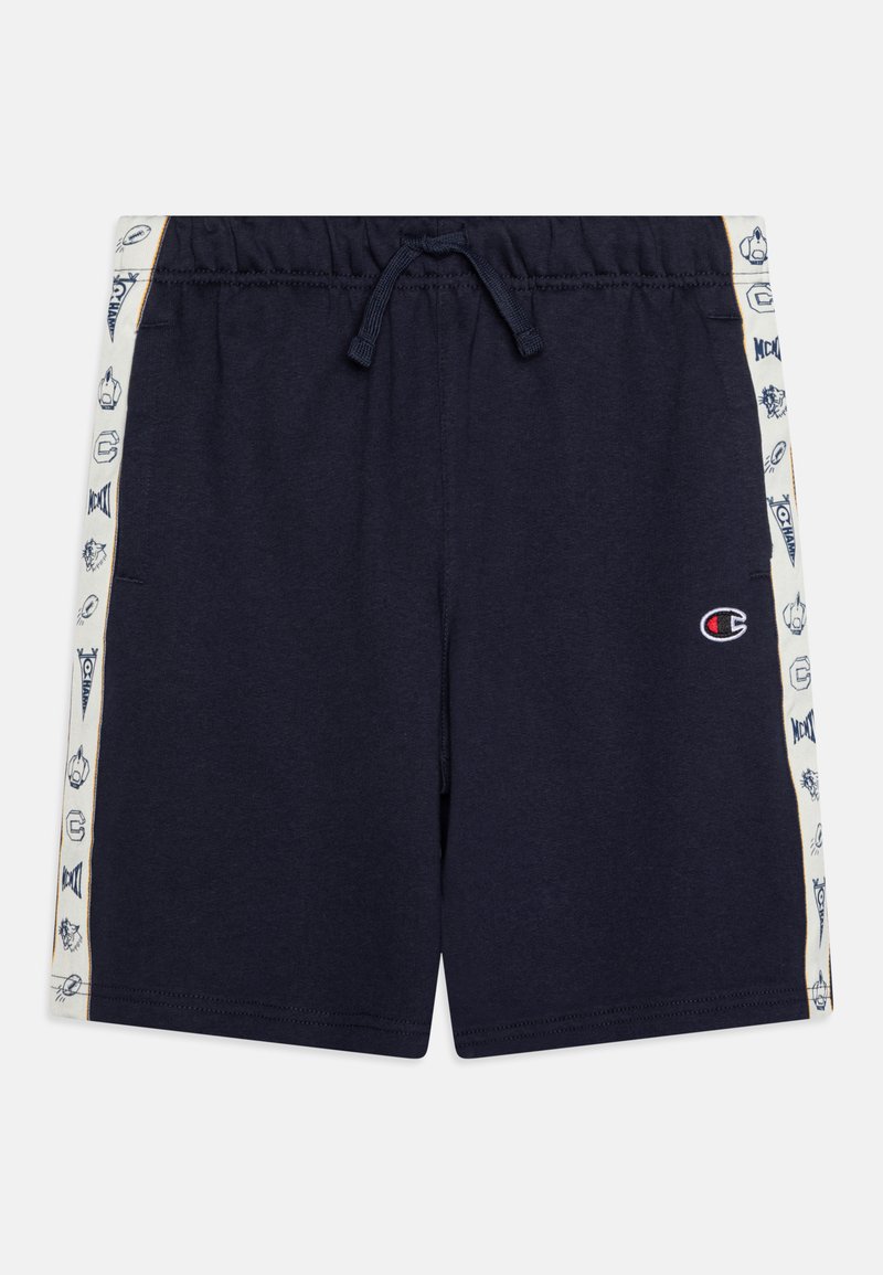 Calções náuticos com cintura ajustável, apresentando painéis laterais com gráficos brancos. Feitos de algodão suave, exibindo um design simples e funcional.