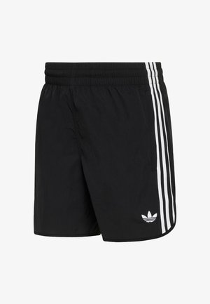 Crne sportske kratke hlače od lagane tkanine. Imaju tri bijele pruge sa strane i bijeli Adidas trefoil logo na rubu.