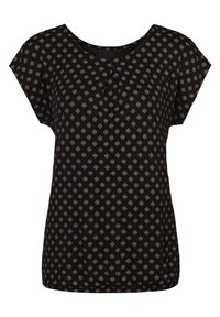 Blusa nera a maniche corte con un sottile motivo geometrico dorato. Presenta un collo rotondo e una vestibilità rilassata. Tessuto dalla consistenza morbida.