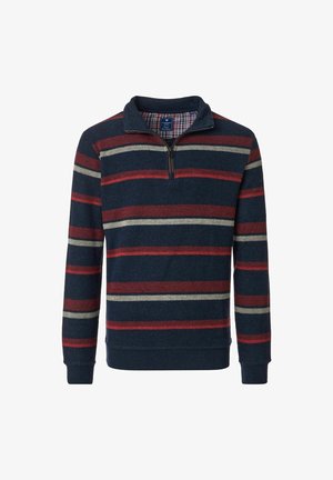 Marineblauer Pullover mit einem Viertel-Reißverschluss-Kragen, vertikalen Streifen in Rot, Creme und Grau, aus einem strukturierten Stoff gefertigt.