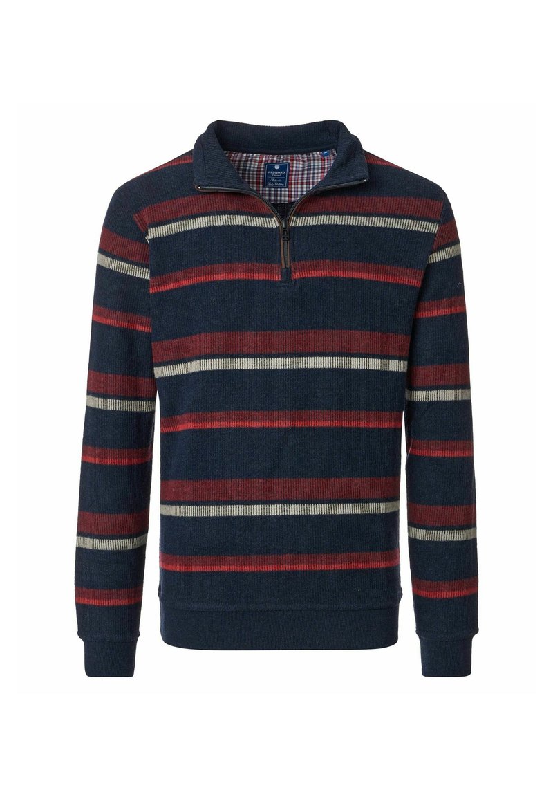 Navy pullover trui met een kwart-rits kraag, verticale strepen in rood, crème en grijs, gemaakt van een gestructureerde stof.