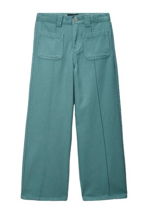 Pantalons large teal avec poches plaquées à l'avant, passants de ceinture et fermeture à bouton à l'avant.