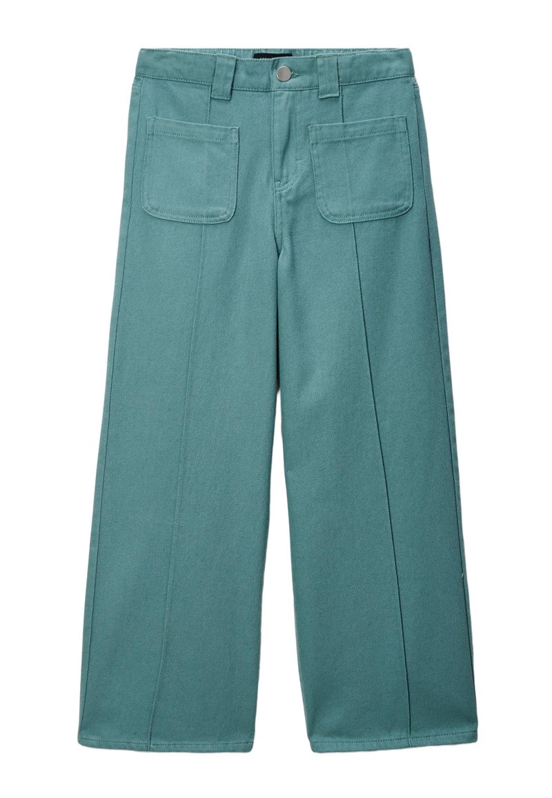 Pantalons large teal avec poches plaquées à l'avant, passants de ceinture et fermeture à bouton à l'avant.