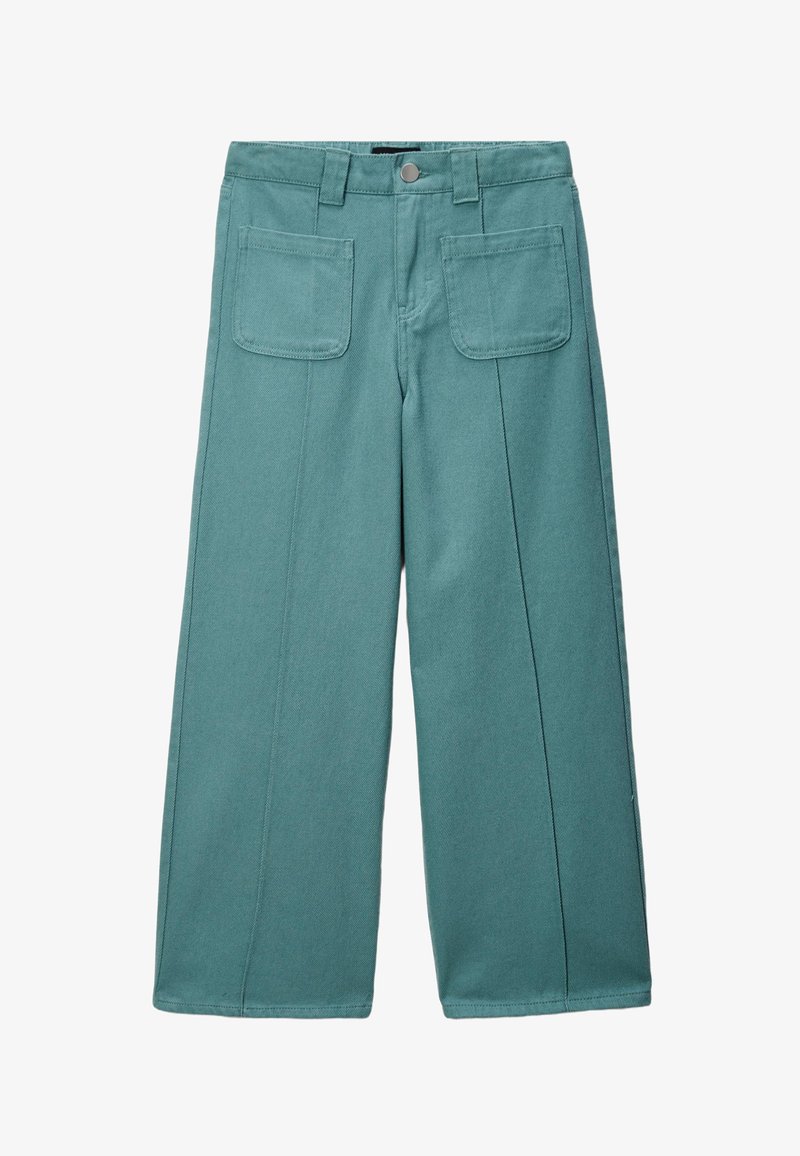 Pantalons large teal avec poches plaquées à l'avant, passants de ceinture et fermeture à bouton à l'avant.