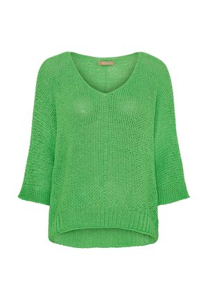 Grøn strikket sweater med V-hals, trekvart ærmer og løs pasform. Har et struktureret mønster og ribbet kant.
