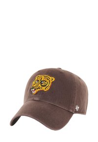 Brown baseball cap with an embroidered yellow tiger head on front and white "47" stitching on side.
