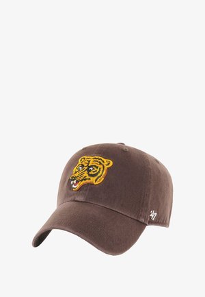 Braune Baseballmütze mit einem gestickten gelben Tigerkopf auf der Vorderseite und weißen "47"-Stichen an der Seite.