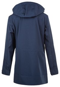 Navy waterproof jacket with a hood, featuring a straight cut, long sleeves, seam detailing, and a smooth, matte texture.
