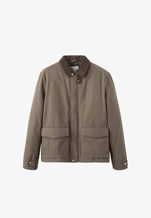 Brown canvas jacket with a collar, front snap closure, and two large pockets. Features a relaxed fit and textured fabric.