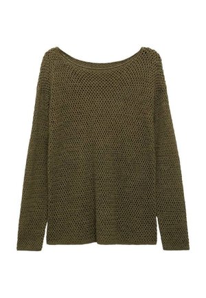 Oliwkowy sweter dzianinowy o luźnym, otwartym splocie, szerokim dekolcie i długich rękawach, charakteryzujący się kwadratowym krojem oraz ściągaczami przy mankietach.