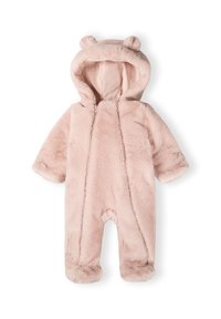 Tutina rosa in peluche con cappuccio e orecchie da orso, maniche lunghe e design con piedi. Tessuto morbido, chiusura con zip frontale e senza motivi visibili.