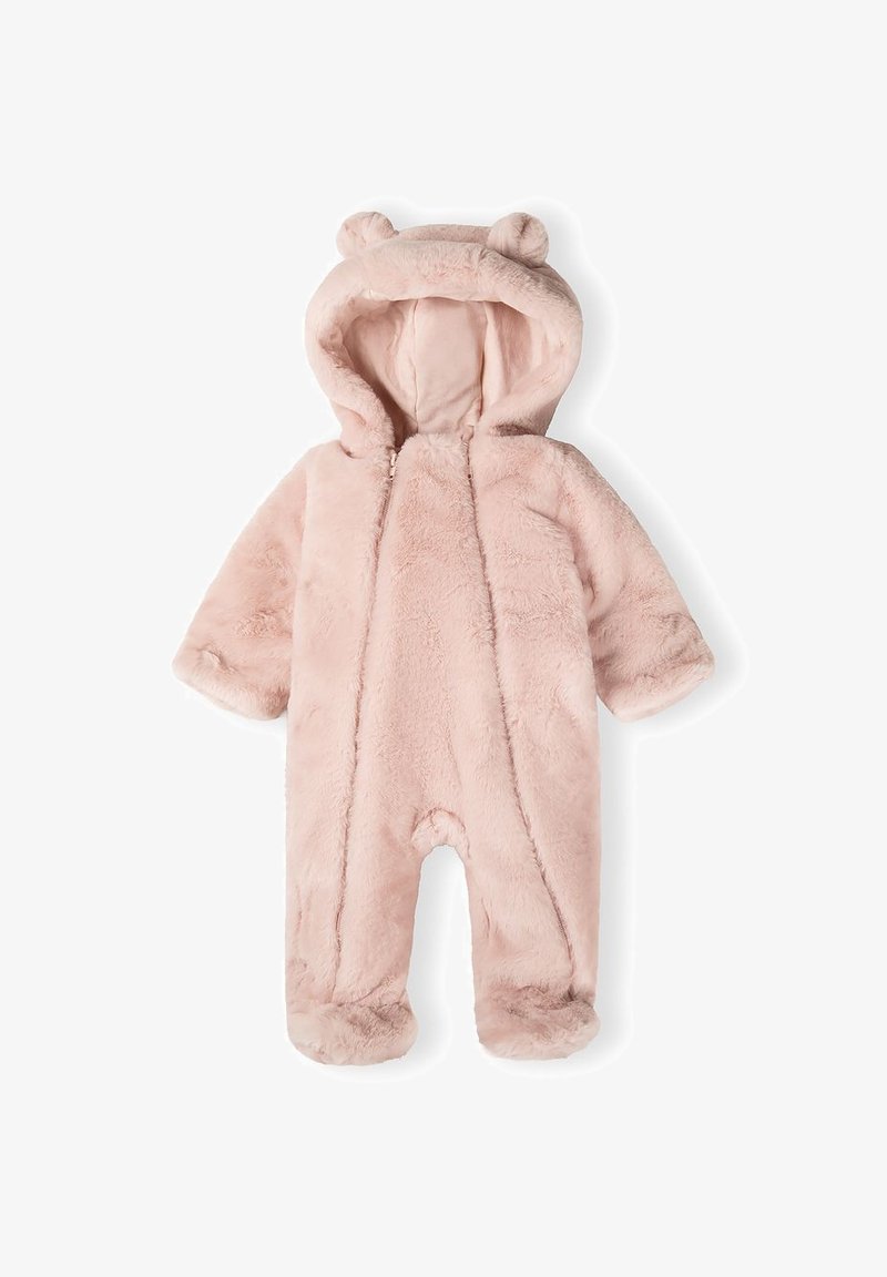 Tutina rosa in peluche con cappuccio e orecchie da orso, maniche lunghe e design con piedi. Tessuto morbido, chiusura con zip frontale e senza motivi visibili.