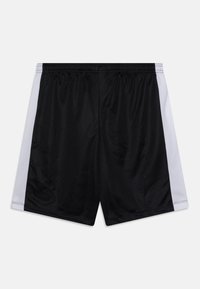 Svarta atletiska shorts i slät tyg, med vita mesh-sidopaneler, elastisk midja och rak skärning.