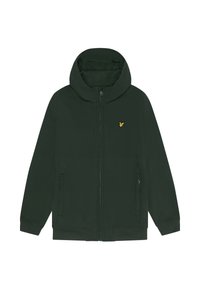 Donkergroene gewatteerde jas met een frontale rits, voorzien van twee zijzakken en een klein gouden logo op de linkerborst. Zachte stofstructuur.