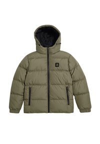 Giacca imbottita verde oliva con chiusura a zip, cappuccio e dettagli neri. Caratterizzata da un motivo a righe orizzontali e tasche laterali con zip.