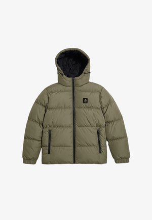 Giacca imbottita verde oliva con chiusura a zip, cappuccio e dettagli neri. Caratterizzata da un motivo a righe orizzontali e tasche laterali con zip.