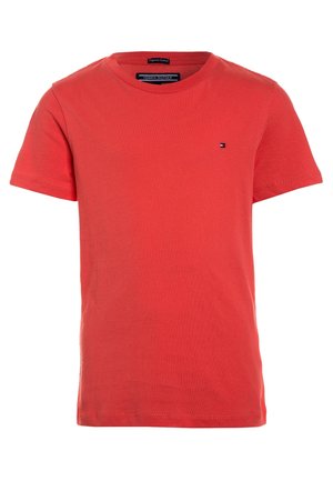 Rød kortærmet bomulds-t-shirt med rund hals og lille Tommy Hilfiger-logo på venstre bryst.