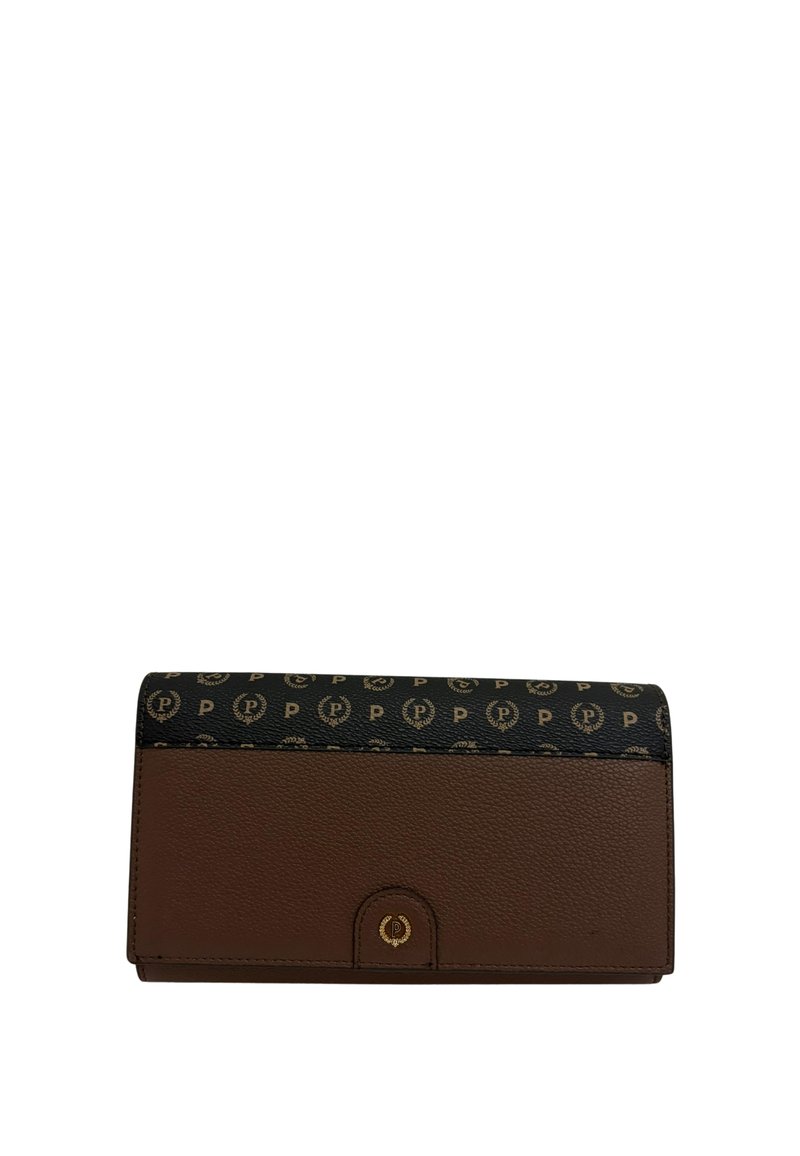 Portafoglio marrone con texture, dotato di una sezione superiore nera caratterizzata da un motivo del logo ripetuto. Progettato con una chiusura a clip e una finitura liscia.