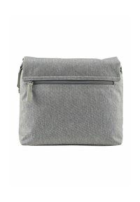 Borsa di tessuto grigia con una parte superiore pieghevole, tasca frontale con zip, superficie texture e forma rettangolare. Presenta una tracolla regolabile.