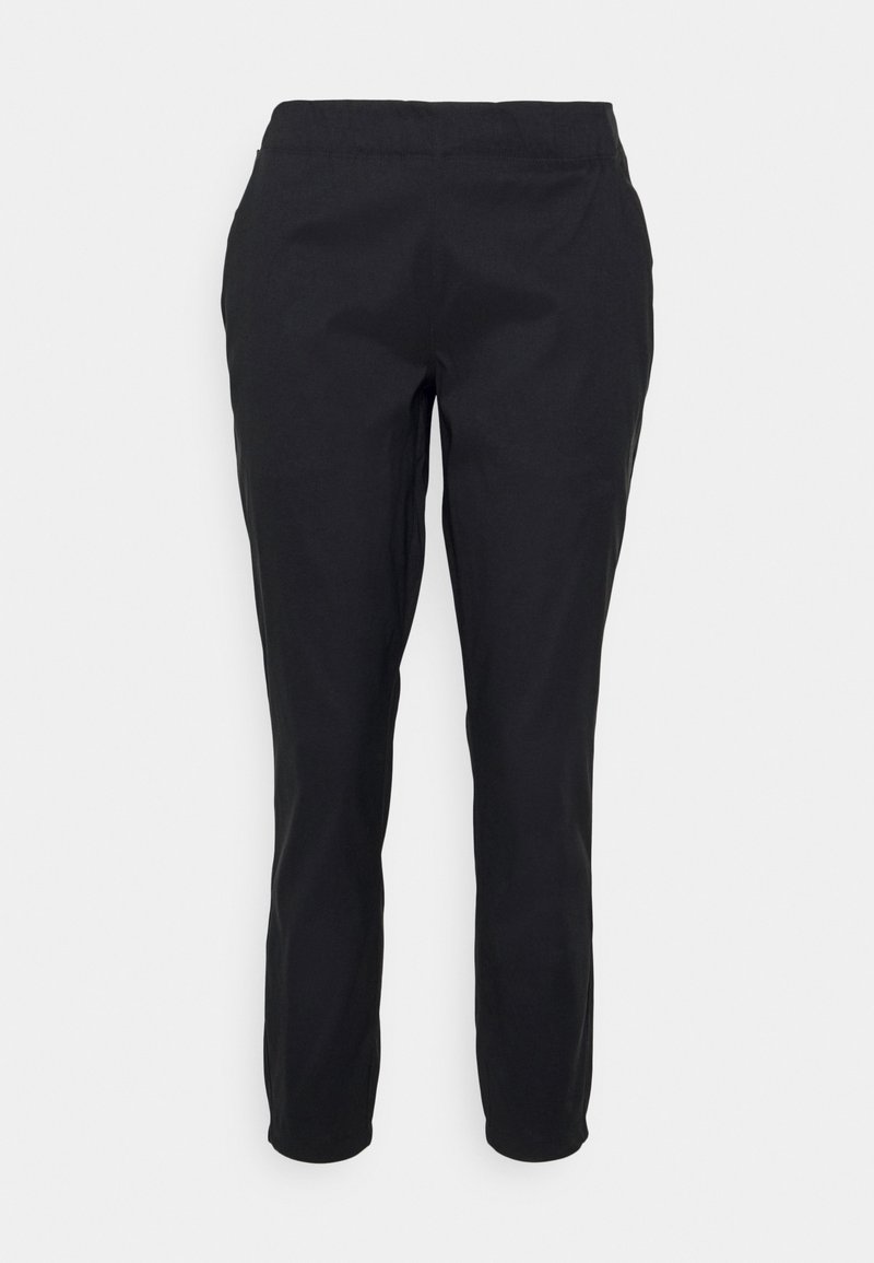 Black pants with a slim fit design, made of smooth fabric. Features an elastic waistband and no visible pockets.