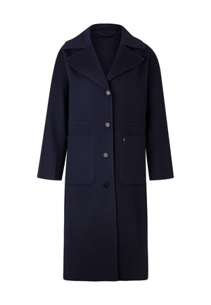 Marineblauer Wollmantel mit einem breiten Kragen, vorderer Knopfverschluss und zwei großen vorderen Taschen. Verfügt über einen geraden Schnitt und dreiviertellange Ärmel.