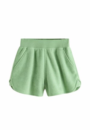Bløde grønne frottéshorts med elastisk linning og sidelommer, designet til afslappet brug.