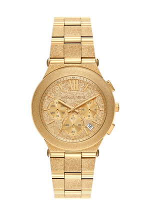 Michael Kors polshorloge in goudkleur met glinsterende wijzerplaat, drie subwijzerplaten, datumweergave op 4 uur en metalen schakelsluiting.